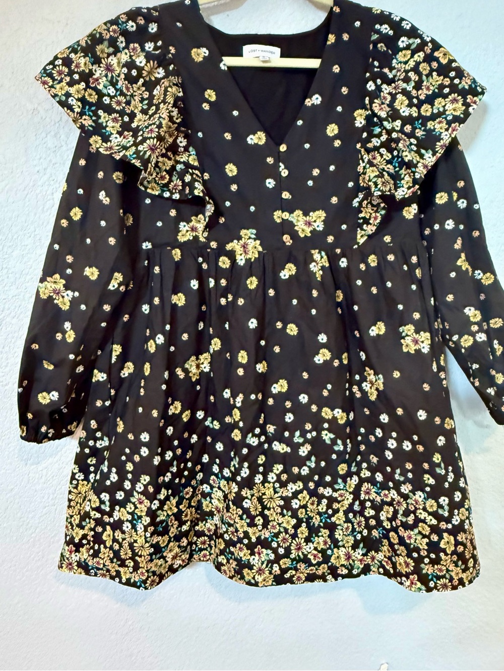 Lost + Wander Black Floral Ruffle Sleeve Babydoll Mini Dress Long Sleeve M